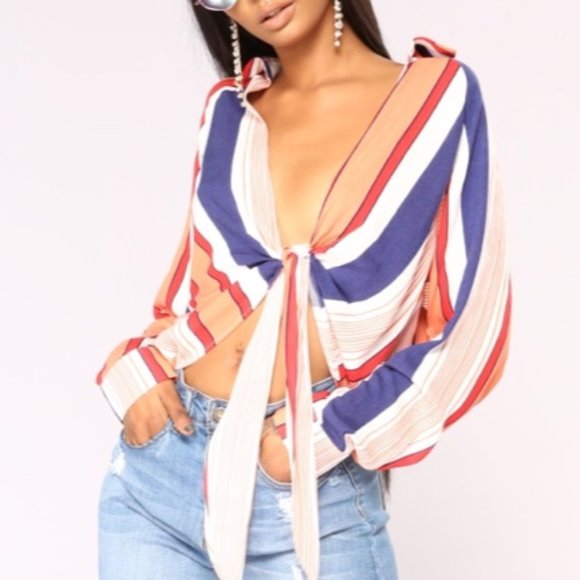 Fashion Nova Tops - Fashion Nova Lexi Striped Top Navy Coral White S